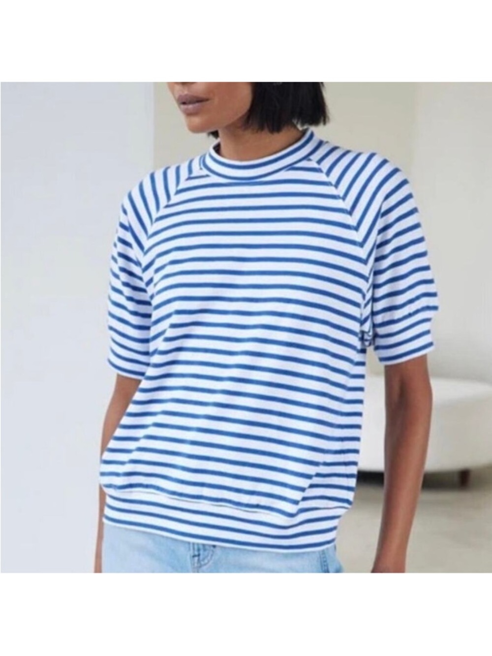 AYR The Quick Wit Weekend Jaunt Stripe Tee Shirt Beach Glass Blue/White